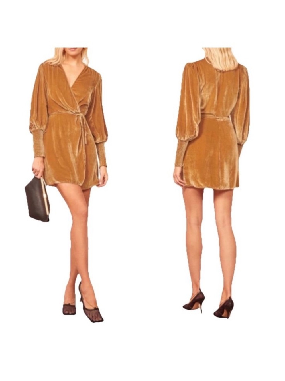 Reformation Velvet Wrap Mini Dress in Camel Gold
